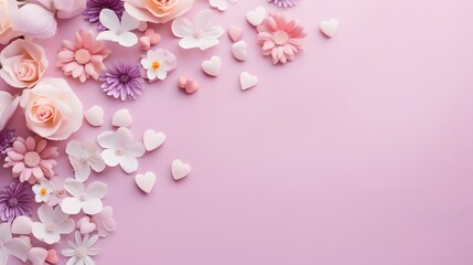 Fototapeta na wymiar Bouquet of beautiful spring flowers and paper hearts on pastel pink table for Happy mothers day. Flat lay. 