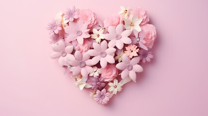 Bouquet of beautiful spring flowers and paper hearts on pastel pink table for Happy mothers day. Flat lay.
