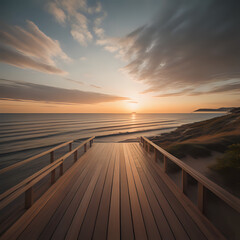 high angle shot of a wooden deck on the shore leading to the sea at sunset - generated by ai