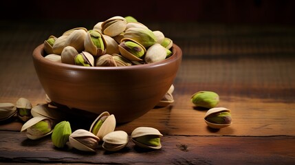 Bowl of pistachio nuts on wooden rustic table. Healthy food and snack.