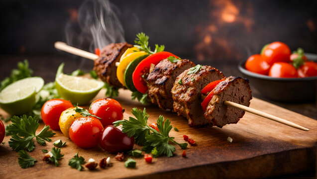 Shashlik or shaurma or kebab on a stick on a beautiful dark background, Wooden board with delicious shish kebabs and grilled vegetables isolated on white background. Ai Generated