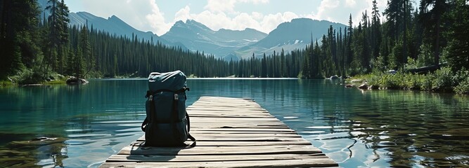 Obraz premium Serene Mountain Lake with Backpack on Wooden Pier