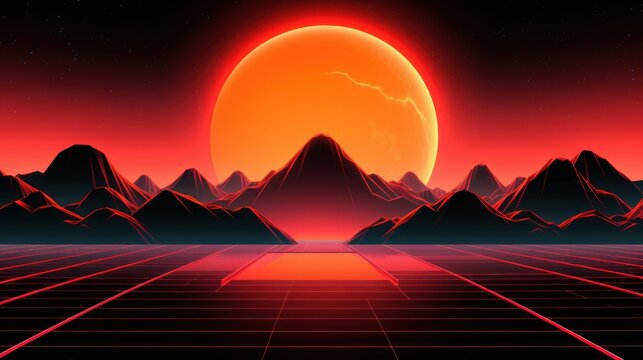Futuristic retro 80s landscape.Futuristic retro 80s landscape. Futuristic illustration in retro style. Retro digital cyber surface. Suitable for design in the style of the 80s. AI generated