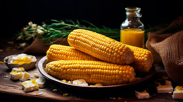 Yellow and fresh boiled corn cobs on a plate.