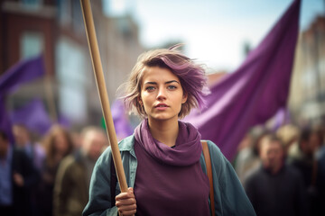 Young latin woman hold feminist flag in a 8 march demonstration outdoors in the city streets. Women's rights, women's day concept. Generative AI. - obrazy, fototapety, plakaty