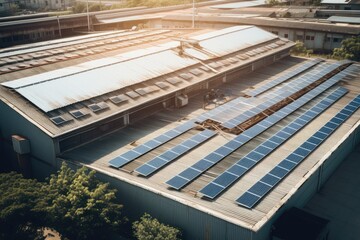 Fototapeta premium Solar panels on a building roof against a city skyline with a clear blue sky, showcasing renewable energy in urban settings.