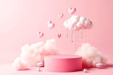 Fototapeta na wymiar Pink podium with clouds and hearts on pink background.