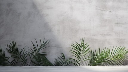 Banner with free space with green palm tree branches on concrete background.