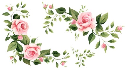 Set of vector bouquets of pink rose. Flowers on white background. All elements are isolated. Elements for wedding design. Corners and borders of pink roses. generative ai