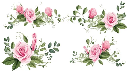 Fototapeten Set of vector bouquets of pink rose. Flowers on white background. All elements are isolated. Elements for wedding design. Corners and borders of pink roses. generative ai © irvan