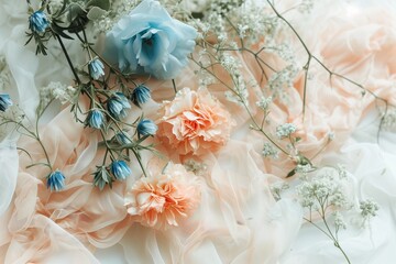Spring blue, white and peach fuzz flowers