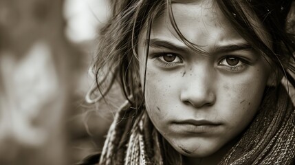 Fototapeta premium Portrait sépia : Regard expressif d'une jeune fille, visage marqué par l'aventure
