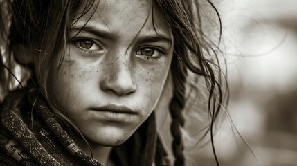 Fototapeta premium Portrait sépia : Regard expressif d'une jeune fille, visage marqué par l'aventure