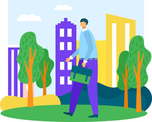 Young adult man walking to work in city park carrying briefcase. Male professional commute, urban life and work concept vector illustration.