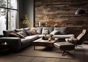 Fotobehang Intérieur moderne: Canapé gris, déco élégante, ambiance chaleureuse et sophistiquée © Estelle