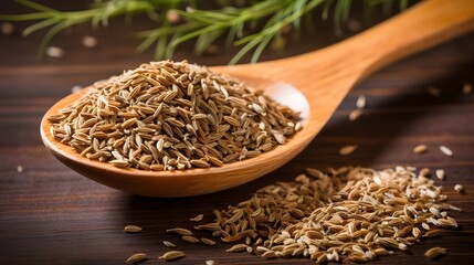 Cumin seeds or caraway in white spoon on wooden board
