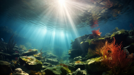 Underwater view of a reef in the ocean, Beautiful blue ocean background with sunlight and undersea...