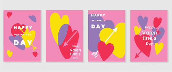 Happy Valentine's day love cover vector set. Romantic symbol wallpaper of geometric shape pattern, heart shaped icon. Love illustration for greeting card, web banner, package, cover, fabric.
