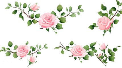 Set of vector bouquets of pink rose. Flowers on white background. All elements are isolated. Elements for wedding design. Corners and borders of pink roses. generative ai