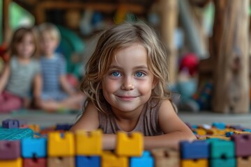 little child playing with blocks
