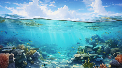 Fototapeta na wymiar Underwater shot of marine life, Beautiful blue ocean background with sunlight and undersea scene, water of tropical sea, Ai generated image 