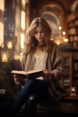 young woman sitting in library reading book