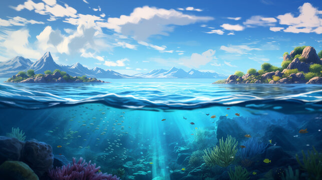 coral reef in the maldives, Beautiful blue ocean background with sunlight and undersea scene, water of tropical sea, Ai generated image 