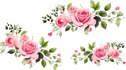 Set of vector bouquets of pink rose. Flowers on white background. All elements are isolated. Elements for wedding design. Corners and borders of pink roses. generative ai - obrazy, fototapety, plakaty
