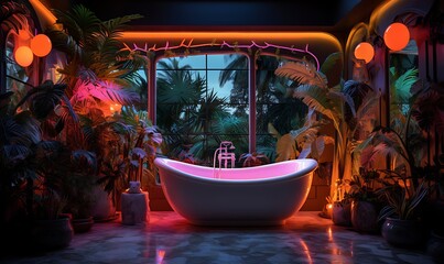 Vintage bathroom with 3d neon lights in tropical landscape style. Generative Ai

