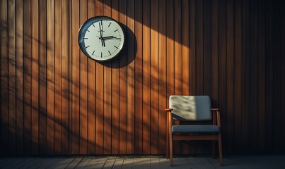 Vintage chair, background wooden wall, black square wall clock, outdoor side lighting, sunny day, high quality photo. Generative Ai

