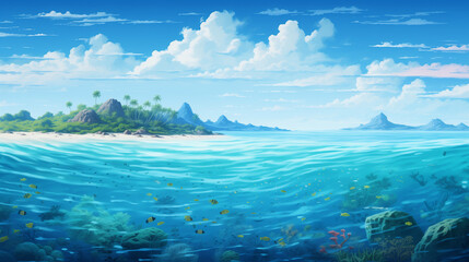 Split underwater view with sunny sky and serene sea, water of tropical sea, Ai generated image 