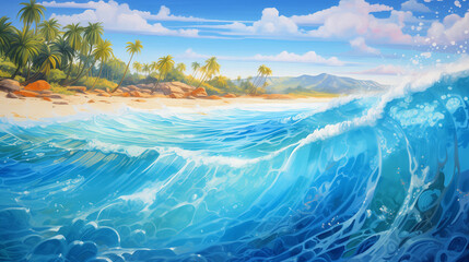 Sandy tropical beach with island on background, water of tropical sea, Ai generated image 