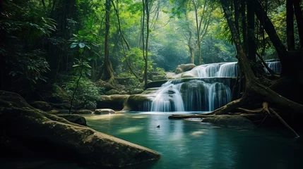 Fotobehang waterfall in the middle of a tropical forest with mossy rocks. natural natural scenery © nomesart