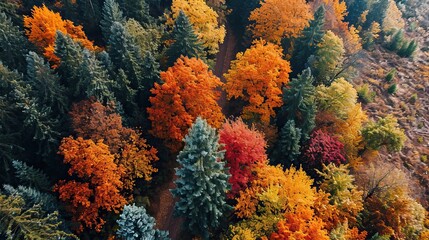 Naklejka na ściany i meble Forêt automnale éclatante : Canopée colorée vue d'en haut, saison des couleurs