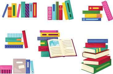 Colorful assorted books on shelves and stacked, open book on pile. Education, library, and reading concept vector illustration.