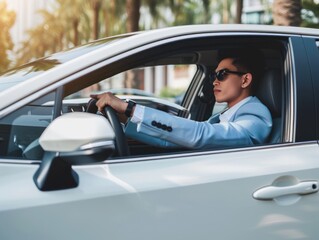 a happy stylish asian man in light blue suit is driving white car, Sale transport concept.