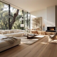 Salon moderne avec vue sur la nature : Canapé blanc, cheminée, et ambiance chaleureuse