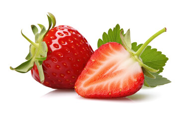 fresh ripe red strawberry and a half of berry isolated on white background, healthy, vegetarian, fruit smoothies, with clipping path.