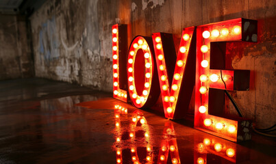 Love valentine's day message in illuminated vintage style broadway display lettering - obrazy, fototapety, plakaty
