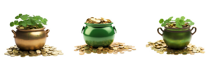 Green Pot Of Gold Coins Celebrating St Patrick's Day on a transparent background