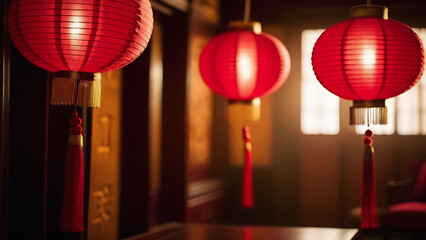 In the room, three traditional Chinese red paper lanterns hang next to the window. Celebrating Chinese New Year in 2024. Interior of a room prepared for the holiday.