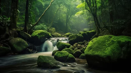 Keuken spatwand met foto waterfall in the middle of a tropical forest with mossy rocks. natural natural scenery © nomesart
