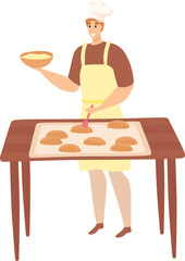 Chef glazing pastries on baking sheet in kitchen. Male baker with apron and chef's hat preparing cookies. Baking and culinary skills vector illustration.