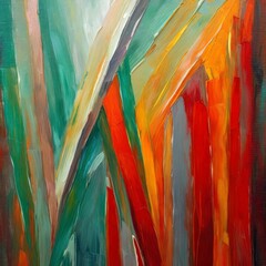 Chromatic Harmony: A Captivating Gallery Oil Painting in Red, Jade, Orange, and Grey"