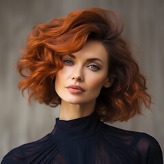 Fototapeta premium Femme aux cheveux auburns vibrants, style soigné et regard expressif