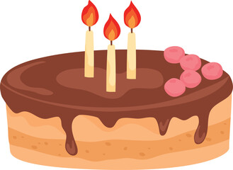 Birthday cake with chocolate icing and three lit candles. Cartoon cake with pink decorations. Celebration dessert vector illustration.