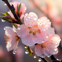 Obraz na płótnie Canvas close-up of pink peach blossom surrounded by mist and water droplets in warm sunlight
