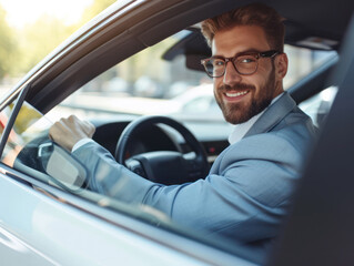 a happy stylish caucasian man in light blue suit is driving white car, Sale transport concept.
