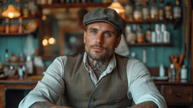 Homme hipster avec casquette gavroche, tatouages et chemise
