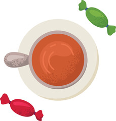 Flat design of a cup of tea or coffee with saucer, a spoon, and colorful wrapped candies. Top view of a hot beverage with sweets vector illustration.